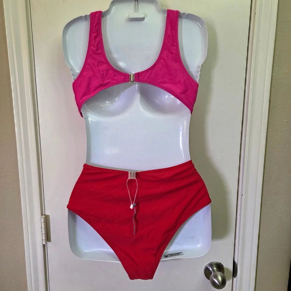 Pink Red Colorblock Cutout Monokini High Waist Side Tie One Piece Swimsuit M